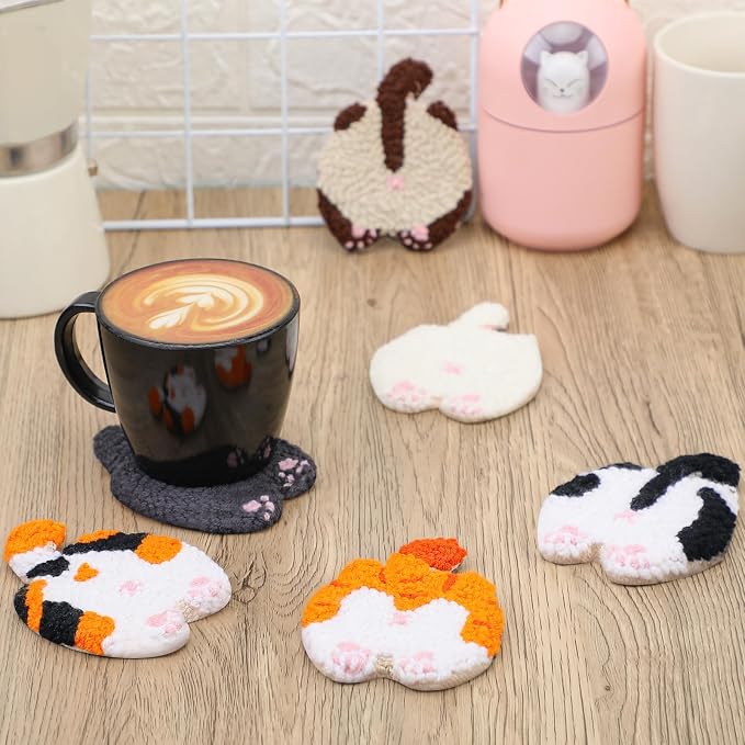 Vesici 6ps Cat Bum Punch Needle Kit, 6 Patterns Cat Butt Punch Coaster - Image 4