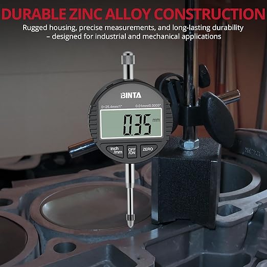 BINTA Digital Dial Indicator 1inch/0.0005inch, LCD Screen Zinc Alloy Digital Indicator with Rear Cover for Industrial,Mechanical, 3D, Laboratory Settings (Black)