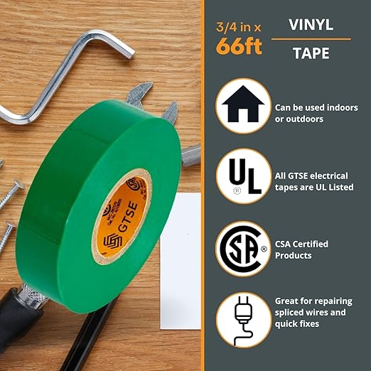 GTSE Green Electrical Tape, ¾ in x 66ft, 1PC, Strong Self-Adhesive PVC Insulation Vinyl Tape for Insulating, Repairing and Protecting Electrical