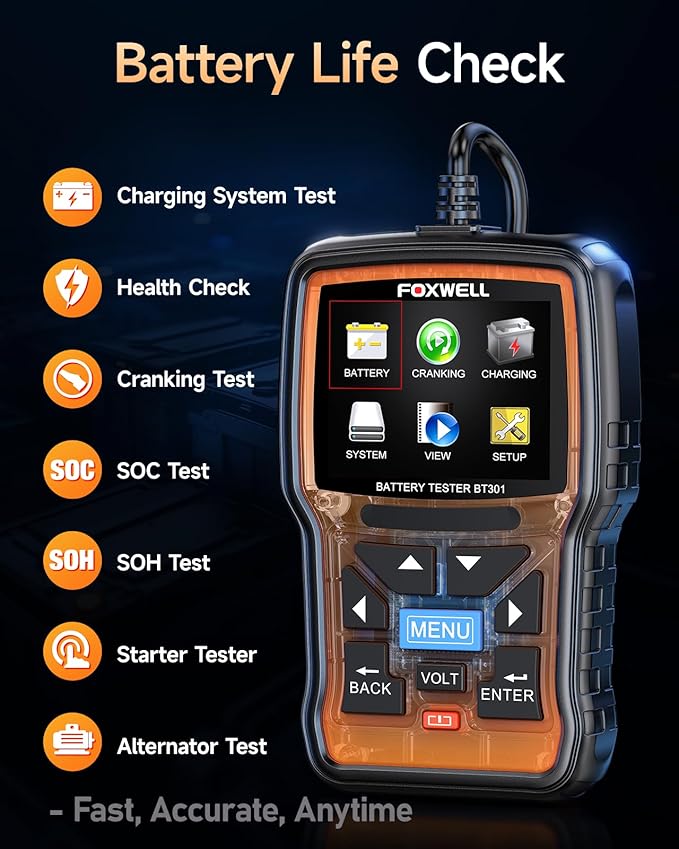 FOXWELL BT301 12V Car Battery Tester, Automotive Battery Analyzer Load Tester, Professional 100-2000CCA Digital Cranking Charging Alternator Checker for Marine Truck Boat SUVs, BT100 Upgrade Version