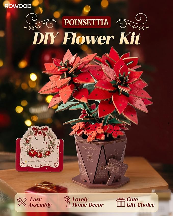 Rowood 3D Puzzles for Adults, Poinsettia Building Set Craft Kit, Artificial - Image 2