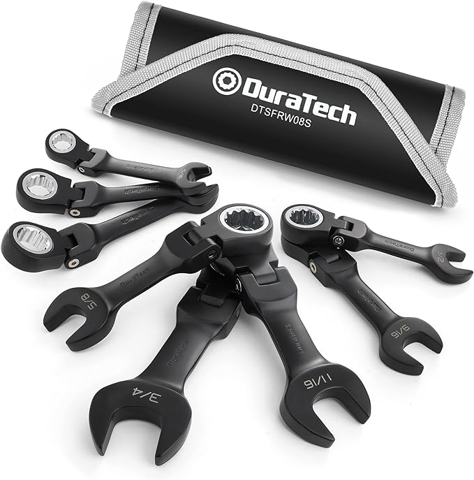 DURATECH Stubby Flex-head Ratcheting Combination Wrench Set, SAE, 8-piece, 5/16" to 3/4", CR-V Steel, Black Electrophoretic Coating, with Rolling Pouch