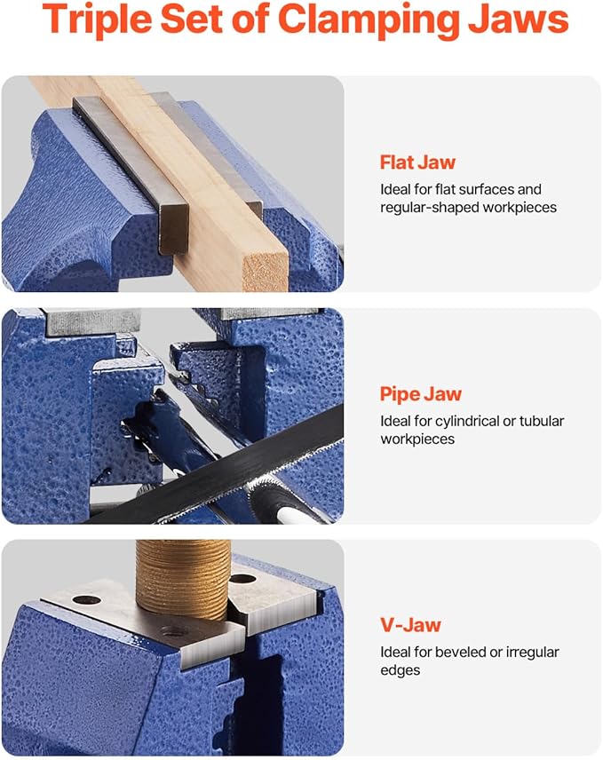 VEVOR Heavy Duty Bench Vise, 6-1/2" Jaw Width, 5" Max Jaw Opening Multi-Purpose Ductile Iron Bench Vise with Anvil, 360° Swivel Base Head, 3" Throat, 5620 lbs Clamp Force, for Pipe Repairing