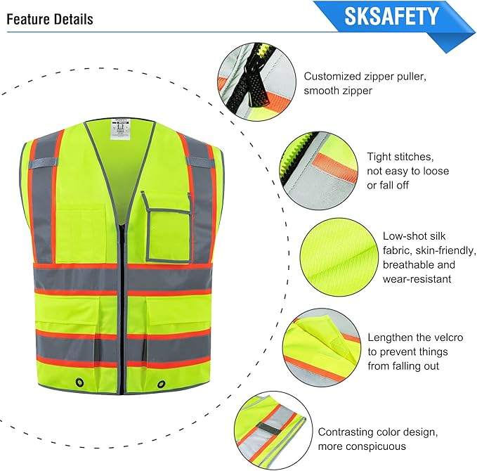 SKSAFETY 10 Pockets Safety Vest, Class 2 High Visibility Security with Zipper, Hi Vis Vest with Reflective Strips, ANSI/ISEA Standard, Construction Work Vest for Men ＆ Women （Lime, 3XL）