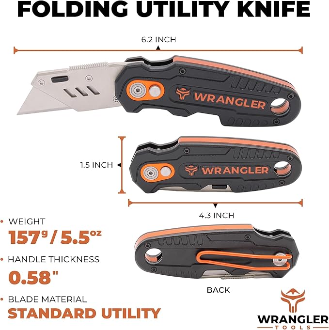 Folding Utility Knife - Flip Open Design - Heavy Duty Fixed Folding With 10 Blades, Blade Dispenser, Thumb Rest & Belt Clip - Work Knife For Carpenters