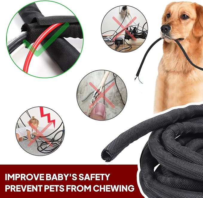 Black Braided Cable Management Sleeves Wire Loom Tubing Cord Protector Self-Wrapping (1/2"-30Feet)