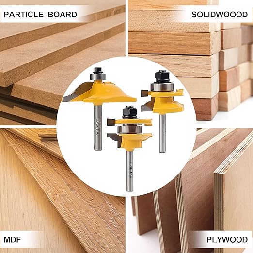 3PCS 1/4" Shank Router Bit Set, Raised Panel Cabinet Door Making Router Bits, Cemented Carbide Router Bits, Woodworking Tools Router Door & Window Bits (Tenon Joint Cutter Diameter: 1-5/8")