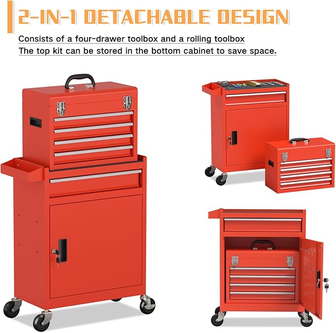 5-Drawer Rolling Tool Chest with Wheels, Lockable Metal Tool Box with Drawers, Detachable Top Cabinet & Storage Cart for Garage Workshop,Repair Room(Red)