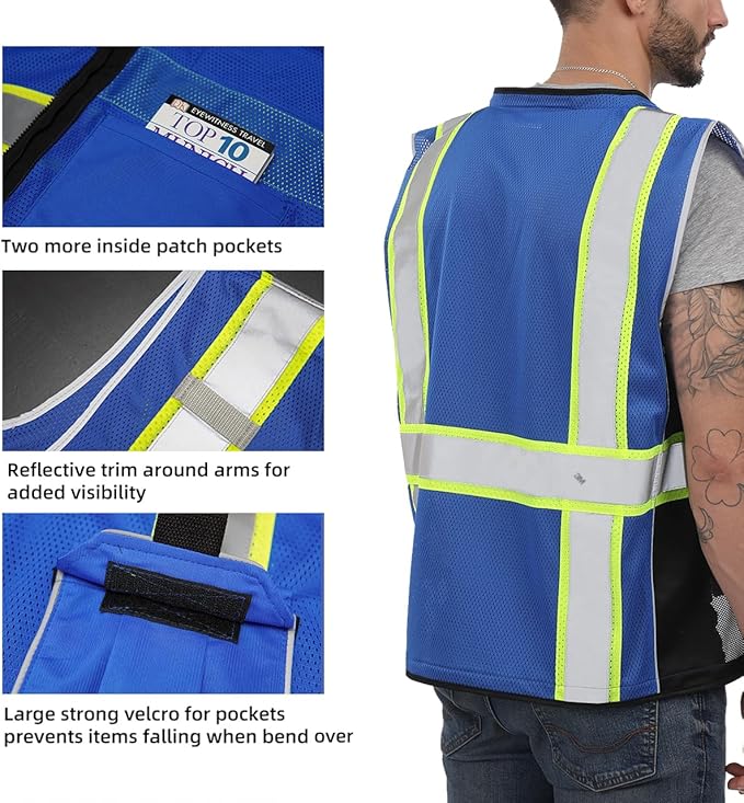 Dib Safety Vest Reflective Blue Mesh, High Visibility Vest with Pockets and Zipper, Heavy Duty Vest Made with 3M Reflective Tape XL