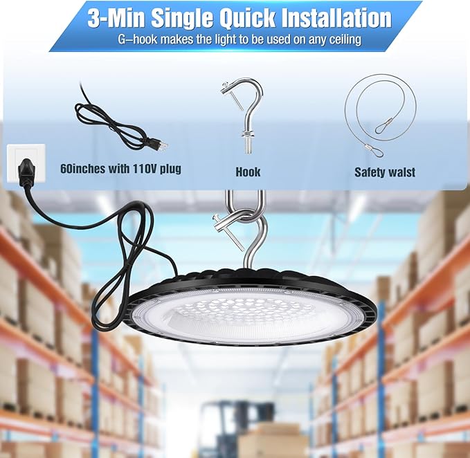 6 Pack 100W UFO Led High Bay Light Fixture,5000K Daylight Commercial Shop Bay Lighting,120v,15000LM,[450W MH/HPS Equiv.] US Plug Area Lighting for Garage/Warehouse/Barn/Gym/Factory/Workshop