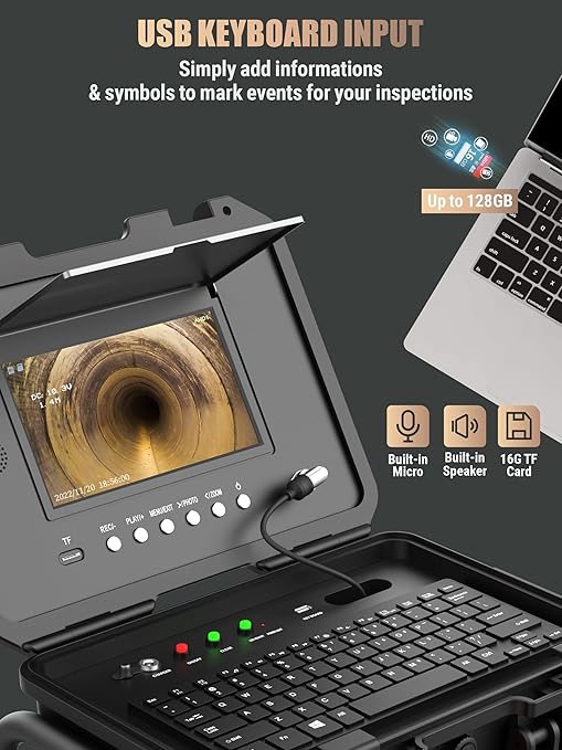 Anysun Sewer Inspection Camera Self-Leveling 512Hz Sonde Meter Counter, Built-in Microphone & Speaker, 1080P 9" IPS Monitor, IP68 Waterproof Endoscope Camera with DVR, 230Ft Harder Cable(16GB TF Card)