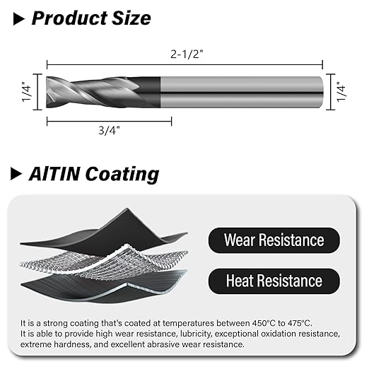3PCS 1/4" Micrograin Carbide Square End Mill Set 2 Flute HRC 55 AlTiN Coating End Milling Bits for Milling Alloy Steels, Hardened Steel, CNC Router Bits