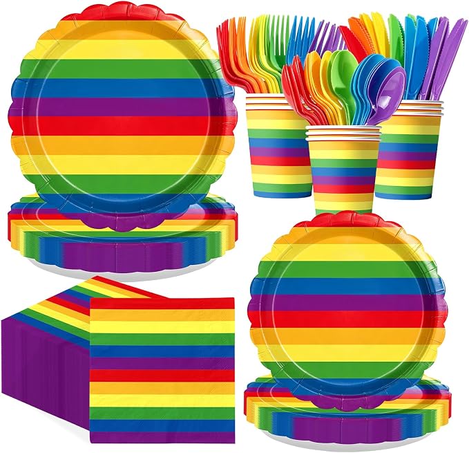 168 Pcs Rainbow Birthday Party Decorations, Serves 24 | Rainbow Stripes Plates by Greencian