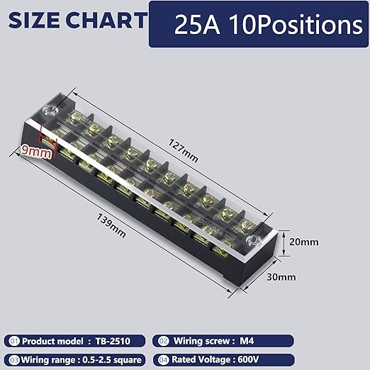Terminal Block (2 Sets) 2Pcs 10 Positions Dual Row 600V 25A Screw Terminal Strip Blocks with Cover&2Pcs Pre-Insulated Barrier Termina Block Strip&20Pcs Insulated Fork Wire Connector