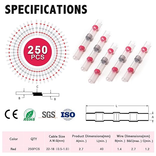 Kuject 250PCS Solder Seal Wire Connectors AWG 22-18, Red Solder Seal Heat Shrink Butt Connectors Terminals Sleeve Waterproof Wire Splice Connector for Marine Automotive Boat Wire Joint