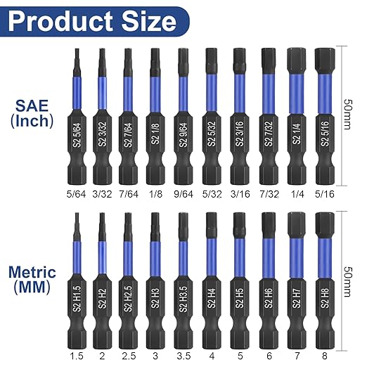 HPHOPE Impact Hex Head Allen Wrench Drill Bit Set 20 Pcs - Metric&SAE, S2 Steel Hex Bits Set, 1/4” Hex Shank with Magnetism, 50mm Long with Storage Box.