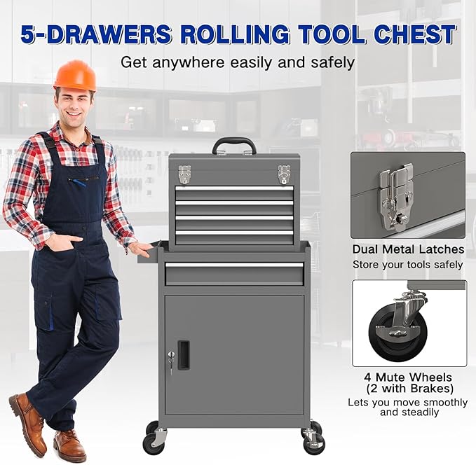 5 Drawer Tools Chest, Tool Cabinet with Universal Lockable Wheels，Tool Box with Detachable Top Box for Workshop (Gray)