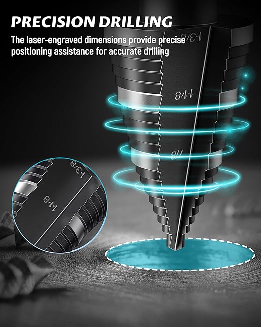 LICHAMP Double Fluted Step Drill Bit for Cutting Metal Hole 19 Sizes from 3/16 to 1-3/8 inch, Genuine High Speed Steel