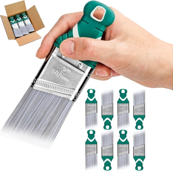 9 Pack 2" Angled Paint Brush Set, Synthetic Bristles, Rubber Short Handle | by Pinstone