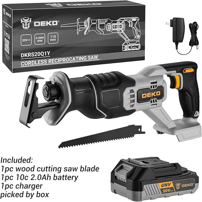 Cordless Reciprocating Saw: DEKOPRO 20V Lithium Ion Power Reciprocating Saw with Battery and Charger, Variable Speed Trigger, 25/32" Stroke Length, 0-2800RPM and 4-5/16" Max for Wood, Metal, PVC