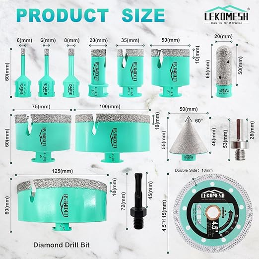 Tile Hole Saw Kit for Porcelain Tile-(6/6/8/20/35/50/75/100/125mm+Finger Bit+Chamfer Bit+Adapter+Tile Blade) Diamond Tile Drill Bits Precision Cutting for Ceramic Marble,5/8"-11 Thread