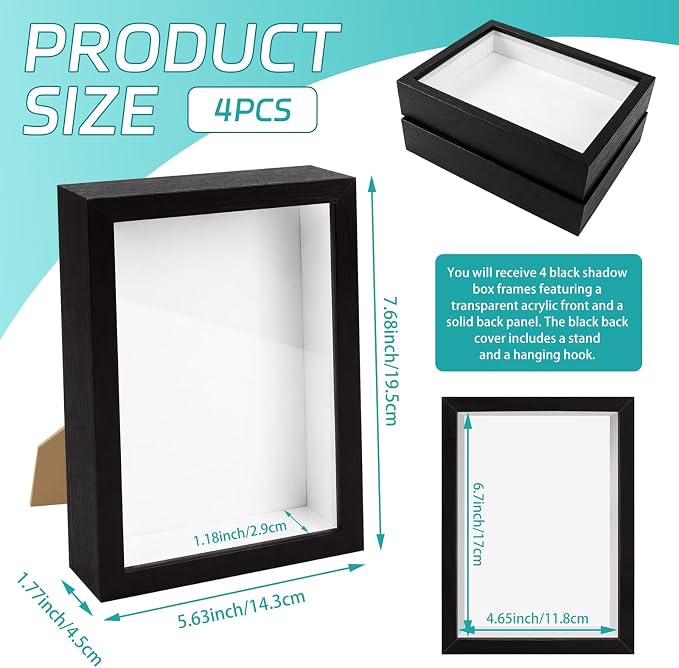 VOKOY 4 Pack 5" x 7" Shadow Box Frame, Small Wood Hollow Picture Frame - Image 2