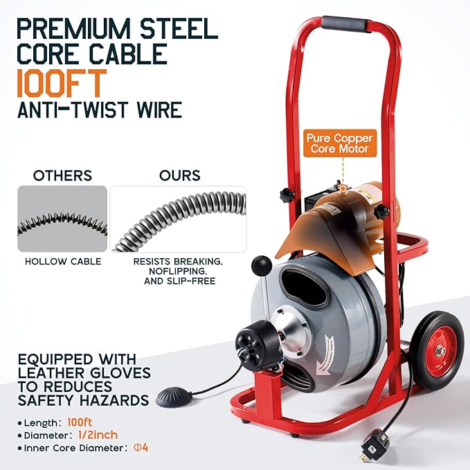 Albott 100 FT x 1/2 inch Electric Drain Cleaner Machine with Auto-Feed & 10 Cutters, Sewer Snake Auger for 1–4 Inch Pipes, Foot Switch & Wheels, Ideal for Home & Commercial Use, Gray/Red