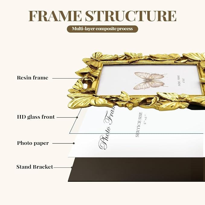 Cuspin 4x6 Gold Picture Frame, Ornate Butterfly Decorative Photo Frame - Image 6