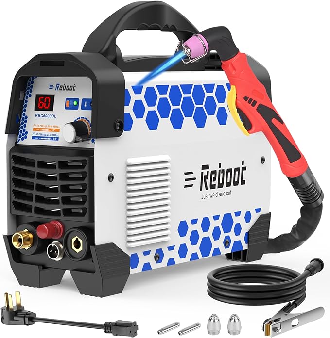 Reboot Plasma Cutter, 2025 Upgraded 60Amps Cutter Machine with 120/240V Dual Voltage DC Inverter IGBT 1/2 Inch Clean Cut for Beginners DIY and Small Business Projects