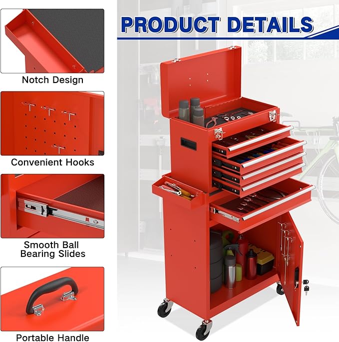 5 Drawer Tools Chest, Tool Cabinet with Universal Lockable Wheels，Tool Box with Detachable Top Box for Workshop(Red)