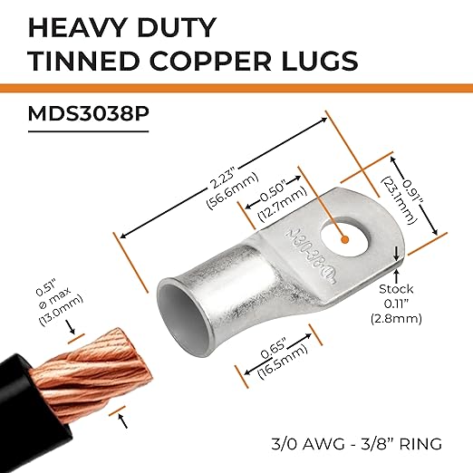 SELTERM 5pcs 3/0 AWG 3/8" Stud Tinned Copper Wire Lugs, Ring Terminals, Battery Cable Ends, 000 Gauge Ring Terminal Connectors, UL Marine Grade Electrical Terminal Connectors