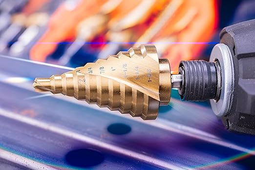 NordWolf HSS Titanium SAE Step Drill Bit, Spiral Groove Double Flute Unibit with 1/4" Hex Shank for Sheet Metal, 10 Imperial Step Sizes 1/4" to 1-3/8"