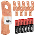 SELTERM 10pcs - 4 Awg - #10 Stud - Battery Lugs - Ring Terminal Connectors | with 12pcs 3:1 Black & Red Heat Shrink Tubing with Adhesive | Heavy Duty Battery Cable Ends - Bare Copper Wire Lugs Kit