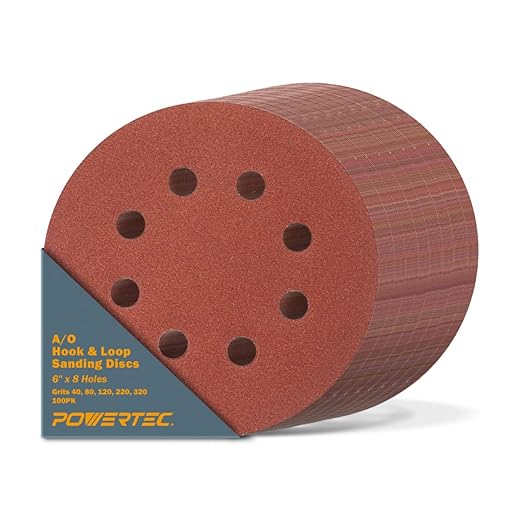 POWERTEC 45100, 100 Pack, 6"x 8 Holes, A/O Hook & Loop Sanding Disc | 40, 80, 120, 220, 320, Assorted Grits, Red