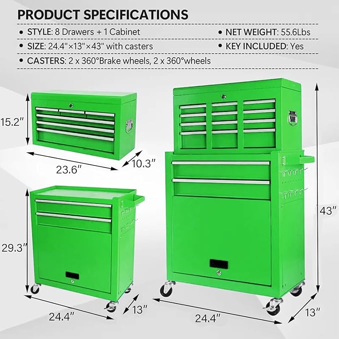8 Drawers Rolling Tool Chest - Tool Box Organizer with Wheels and Drawers, Detachable Storage Cabinet with Lock for Garage Workshop, Green