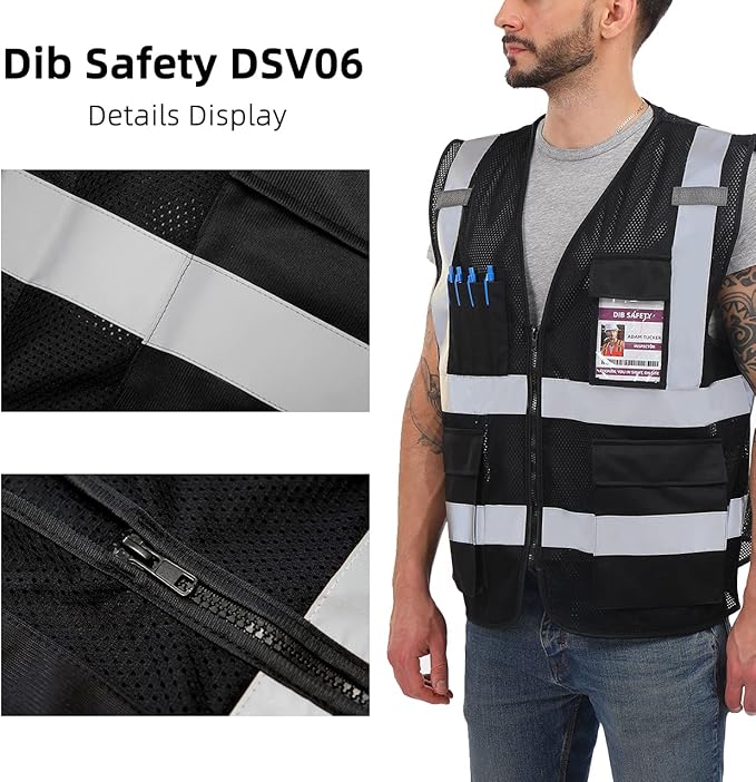 Dib Safety Reflective Mesh Vest High Visibility with Pockets and Zipper, Black Mesh L