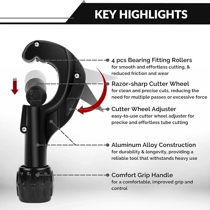 Flexzion Tube Cutter, Heavy Duty Tubing Pipe Cutter, 1/8 to 1-3/8 inch Cutting Diameter w/Reamer, Ideal for Cutting Copper, Aluminum, Brass, Steel, Plastic and More