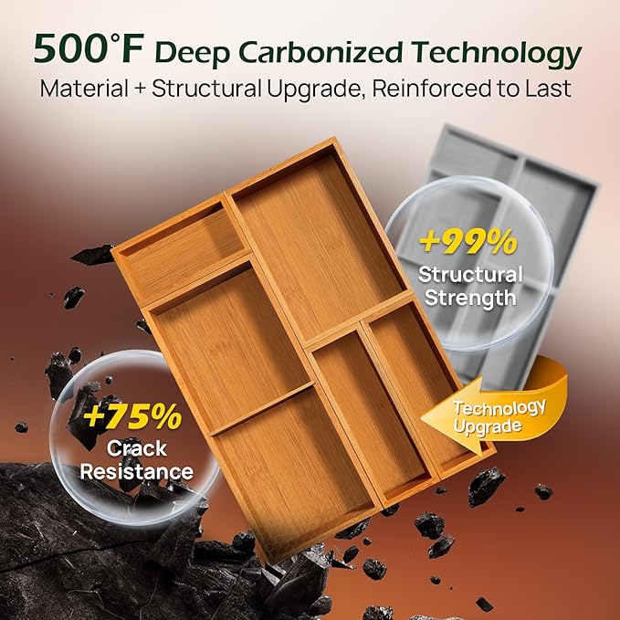 5-Piece Bamboo Drawer Organizer Set, 2.2" Deep | Multi-Use Organizers for Utensils, Silverware, Cutlery, Desk, Bathroom, Junk Drawer & Makeup, Non-Slip Feet Included.
