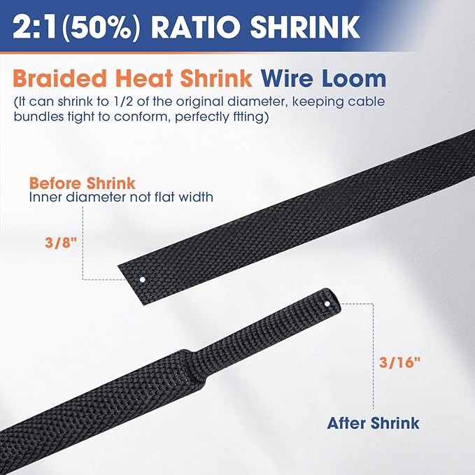 2:1 Heat shrinkable Braided Sleeving Fabric Wire Loom High Temp Heat Shrink Wiring Harness Abrasion Protector Cable Sleeve(3/8"-15ft)
