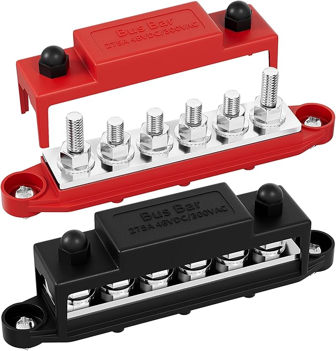 275A Bus Bar 12V Power Distribution Block Car Audio Busbar 6 x 5/16" (M8) Terminal Stud Positive & Ground Battery Bus Bar