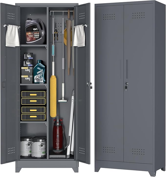 65''H Broom Closet Storage Cabinets, Metal Utility Closet Storage Cabinet, Indoor Cleaning Cabinet with Adjustable Shelves and S-Hooks for Bathroom,Garage