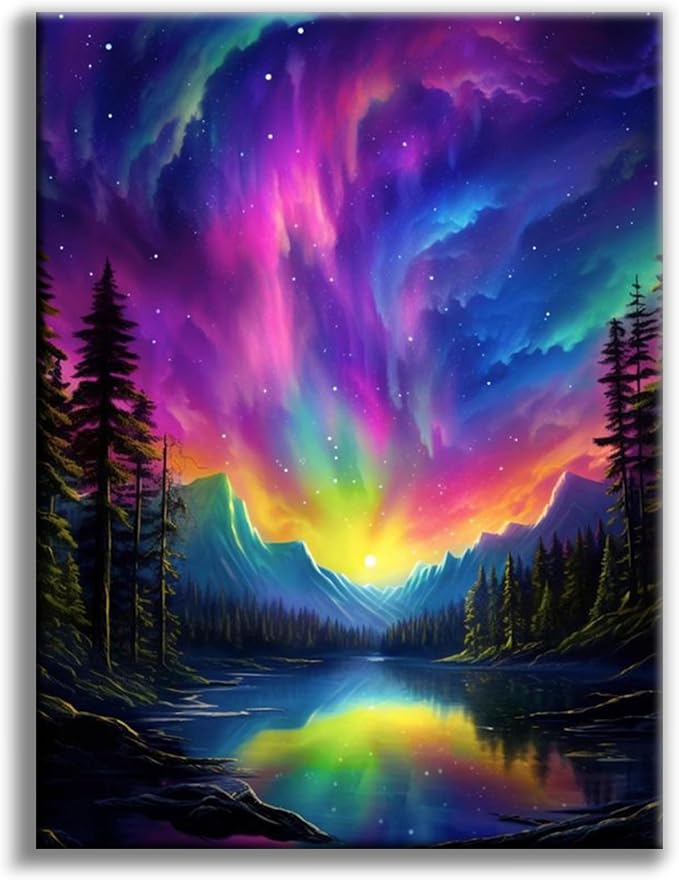 Offito Aurora Diamond Art Kits for Adults, 5D Starry Sky Lake Diamond Painting by Offito