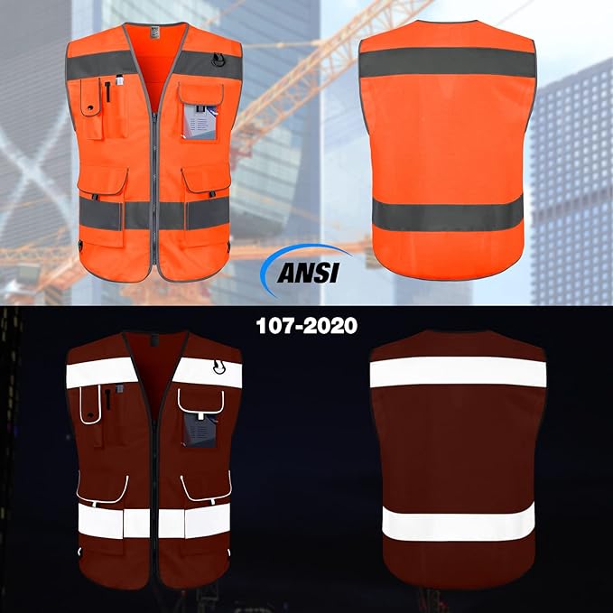 TCCFCCT Reflective Safety Vest 9 Pockets High Visibility Vest for Men Women, Hi Vis Construction Work Vest with Reinforced Sewing, Durable to Use, Meets ANSI/ISEA Standards, (Orange, 5X-Large)