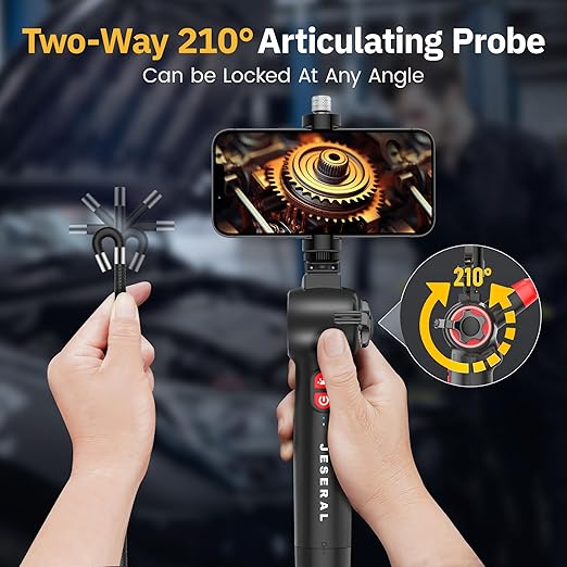 Articulating Borescope 2-Way 210° - JESERAL 6.2mm Len Endoscope camera with 6 light, HD1080P Inspection Camera with Steering Probe, Compatible with Android&iOS Phone, scope with 3.3FT Semi-Rigid Cable