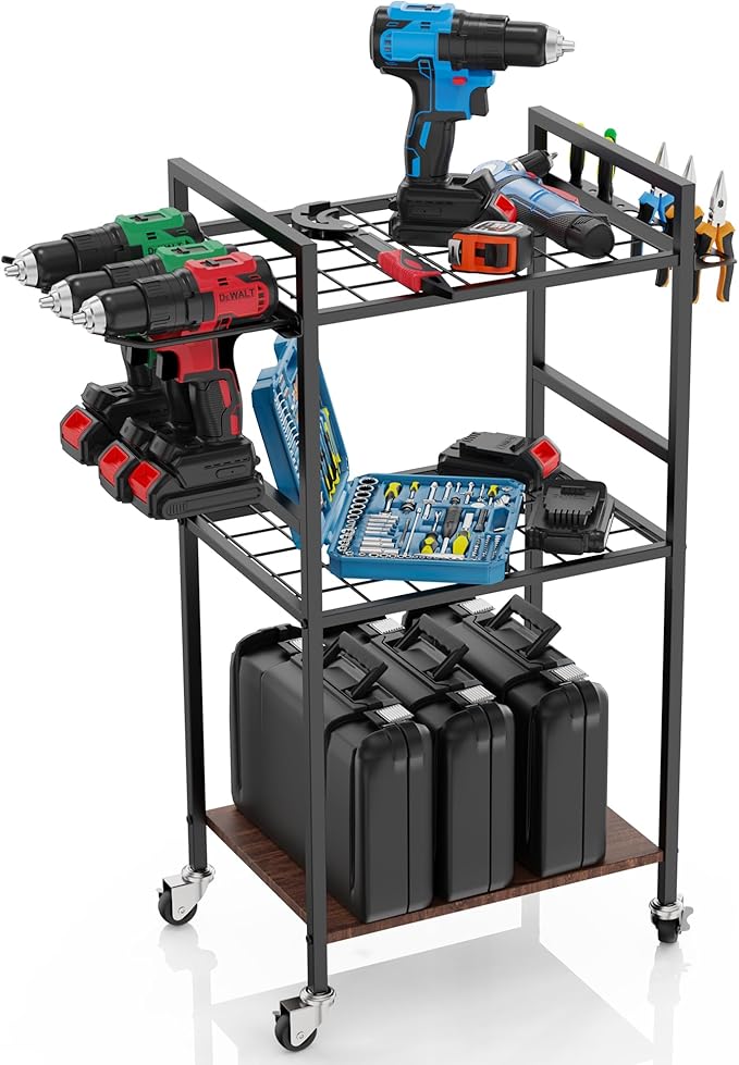 ULIBERMAGNET Power Tool Storage Organizer Cart, Metal Open Tool Rack Cart with Wheels,Heavy Duty Rolling Utility Storage Drill Rack Shelf for Garage, Shed, Yard Tool Holder, Basement,Gift Ideas