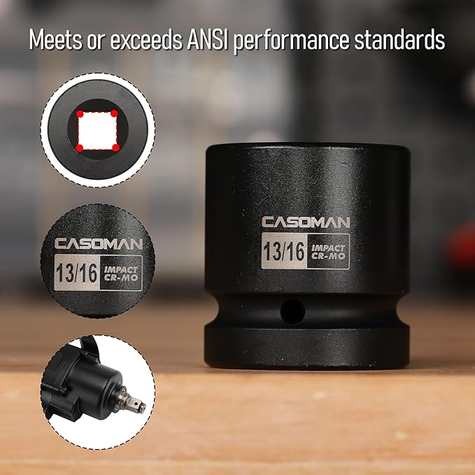 CASOMAN 1-Inch Drive Impact Socket Set-13/16", 4-Point Square Socket, CR-MO