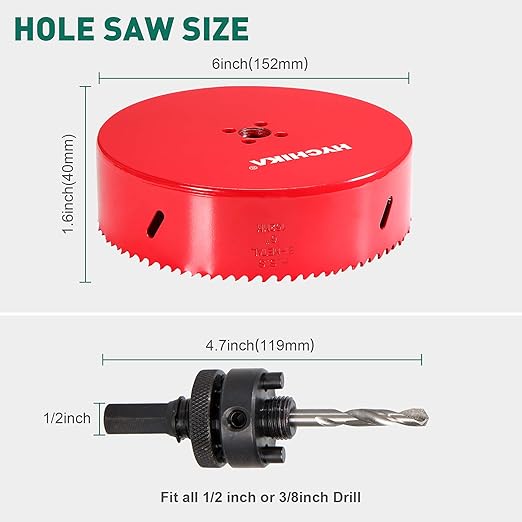 HYCHIKA 6 Inch/152mm Hole Saw,Bi-Metal Cutter Hole Max Cutting Depth 1-1/2inch(40mm) with 1 Arbor,2 Drill Bit for Wood Cutting Cornhole Plastic Drywall Boards Fiberboard