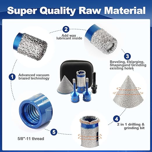 Tile Hole Saw Kit - BRSCHNITT Diamond Core Drill Bit Set 1/4",Drill Bit &1" Diamond Finger Milling Bit &2" Chamfer Bit for Porcelain Tile Ceramic Marble Granite & Adapter