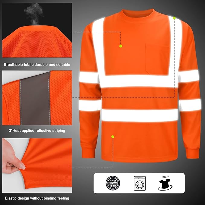 High Visibility Class 3 T Shirts，Hi Vis Safety Shirts with Reflective Strips and Pocket, Long Sleeve Quick Dry Mesh Construction Work Shirt for Men/Women Orange,XL