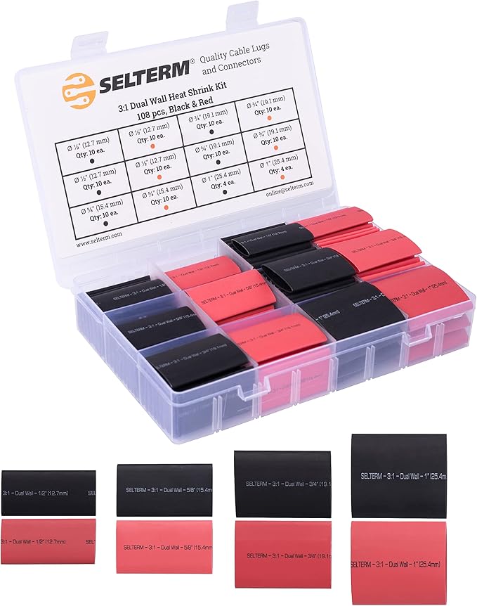 SELTERM Large Size Marine Grade Heat Shrink Tubing Kit 1, 3/4, 1/2, 5/8 Inch Assortment, 3:1 Dual Wall Adhesive Lined, for Battery Cable Lugs Wire Terminal Connectors – Black & Red [108 pcs]